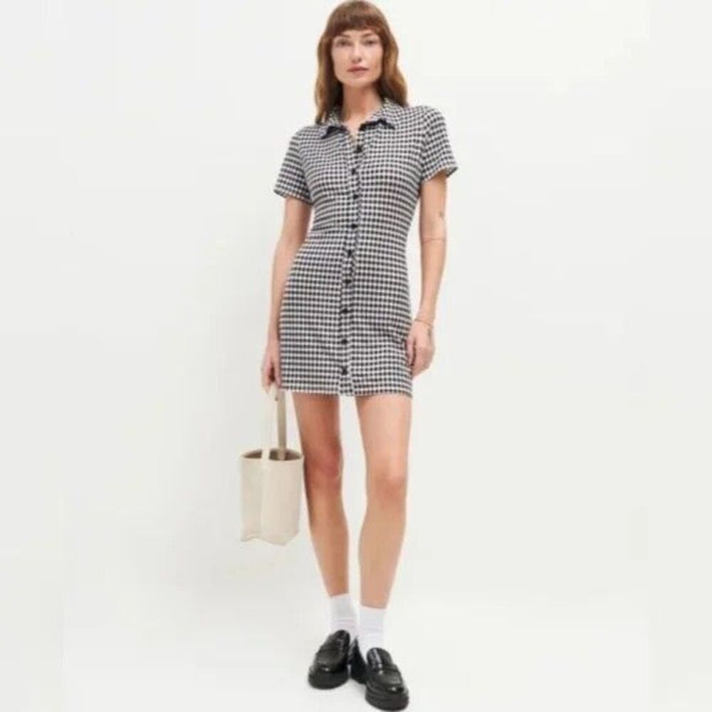 Reformation Avely Knit Mini Dress Black & White Gingham Buttoned Women's Sz S